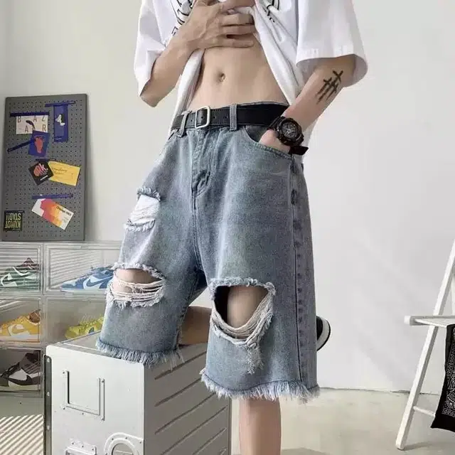 木木兔 男士夏季毛边破洞短裤美式潮流百搭男生裤子简约宽松直筒水洗五分裤夏天牛仔裤 男款