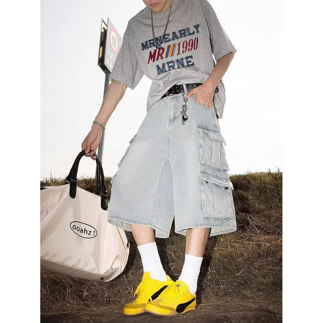 木木兔 美式潮流百搭慵懒复古文艺破洞简约口袋工装七分牛仔短裤 男款