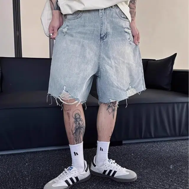 木木兔 美式潮流百搭简约痞帅五分裤做旧水洗破洞牛仔短裤 男款