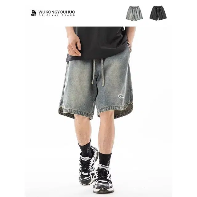 木木兔 休闲美式潮流百搭简约纯色工装宽松水洗五分牛仔短裤 男款