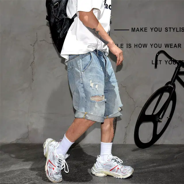 木木兔 休闲美式潮流百搭裤子简约工装宽松直筒五分裤中裤牛仔短裤 男款