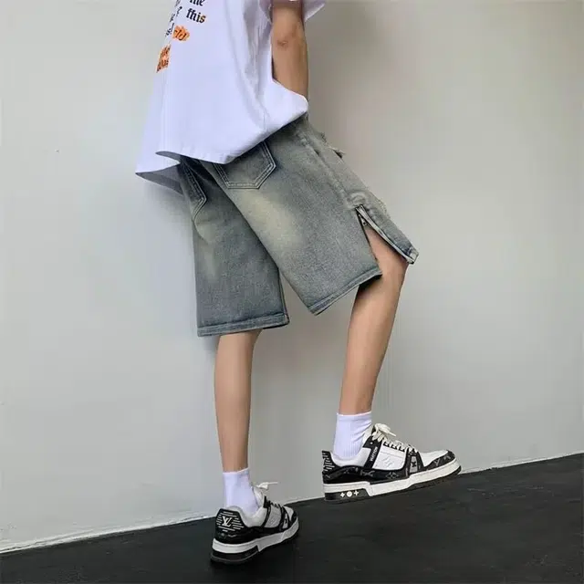 木木兔 美式拉链美式潮流百搭简约宽松直筒水洗五分裤牛仔短裤 男款