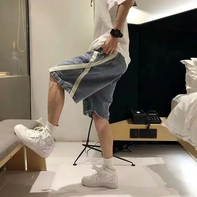 木木兔 男士夏季时尚短裤美式潮流百搭男生裤子简约宽松直筒水洗五分裤夏天牛仔裤 男款