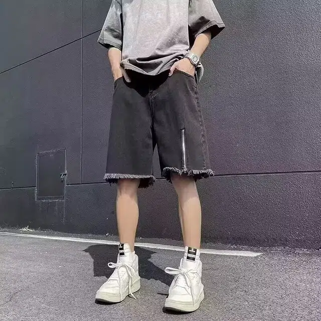 木木兔 休闲纯色美式潮流百搭裤子慵懒复古文艺破洞简约工装五分牛仔短裤 男款