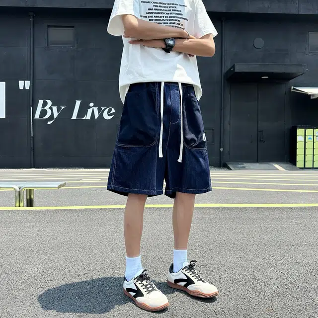 木木兔 男士夏季短裤美式潮流百搭男生裤子简约工装中裤宽松直筒水洗五分裤夏天牛仔裤 男款