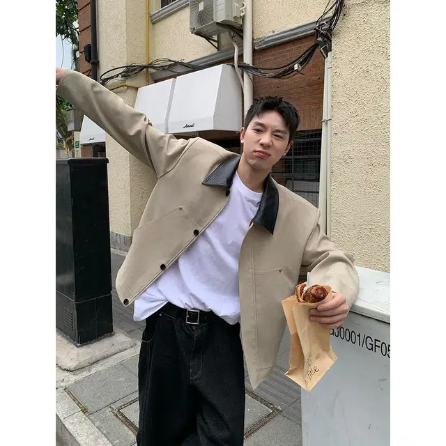 木木兔 潮牌美式高街男生穿搭长袖春秋外穿潮流百搭男士秋冬衣服国潮宽拼色皮领外套夹克 男女同款