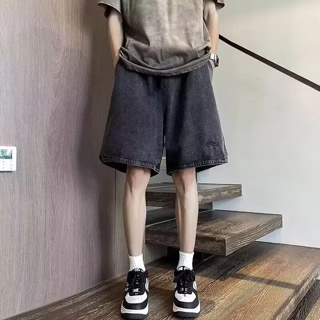 木木兔 休闲美式潮流百搭简约刺绣透气五分裤牛仔短裤 男款