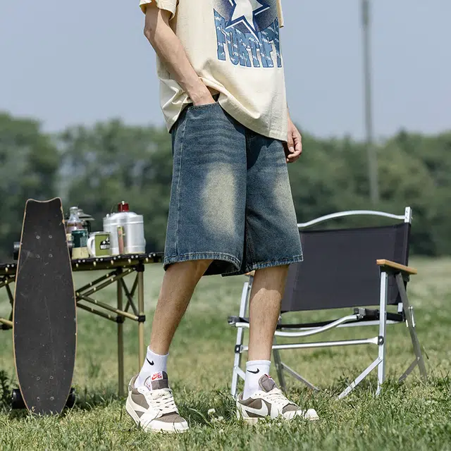 木木兔 男士夏季短裤美式潮流百搭男生裤子简约宽松中裤直筒水洗五分裤夏天牛仔裤 男款