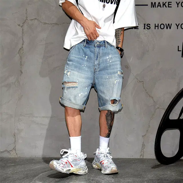 木木兔 休闲美式潮流百搭裤子简约工装宽松直筒五分裤中裤牛仔短裤 男款