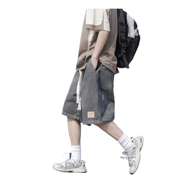 木木兔 男士夏季短裤美式潮流百搭男生裤子简约宽松日系复古工装裤直筒水洗五分裤夏天牛仔裤 男款