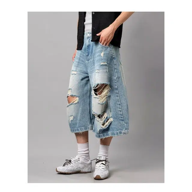 木木兔 美式潮流百搭简约工装高级感痞帅日系复古水洗破洞复古做旧水洗七分裤牛仔短裤 男款