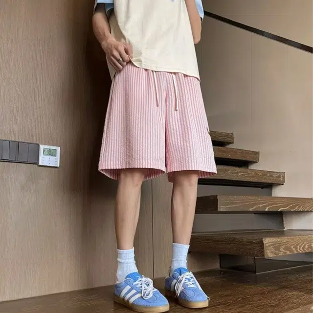 木木兔 男士夏季美式潮流百搭裤子简约设计感五分裤夏天男生卡通刺绣条纹休闲短裤 男女同款
