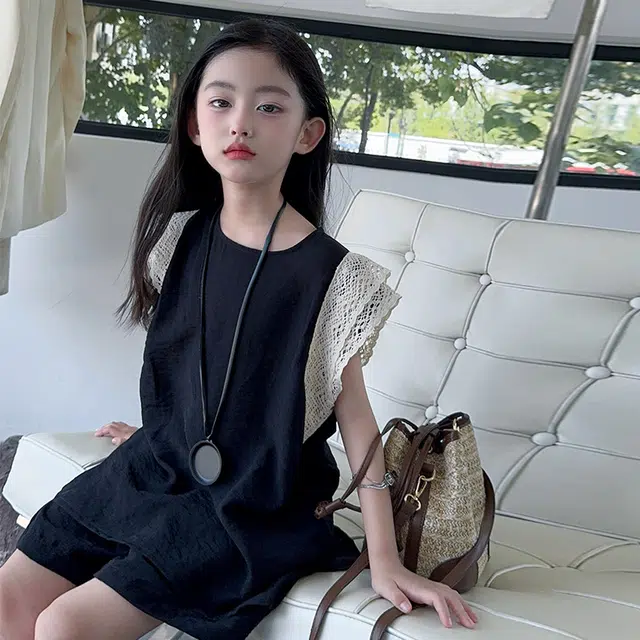 木木兔休闲运动套装 时髦洋气女童衣服夏装短袖大童潮牌小学生蕾丝拼接女孩 女款