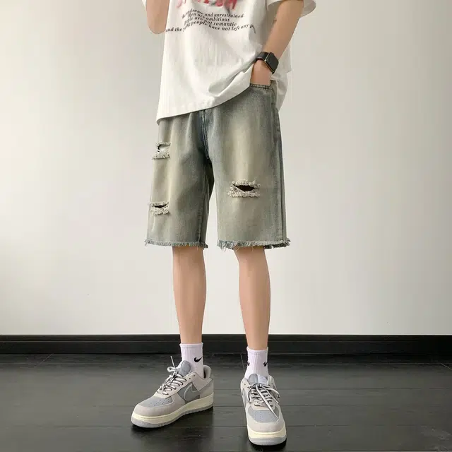 木木兔 休闲美式潮流百搭裤子简约纯色五分牛仔短裤 男款