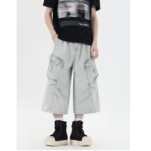 木木兔 美式潮流百搭简约工装高级感痞帅日系复古水洗七分裤做旧水洗大口袋褶皱牛仔短裤 男款