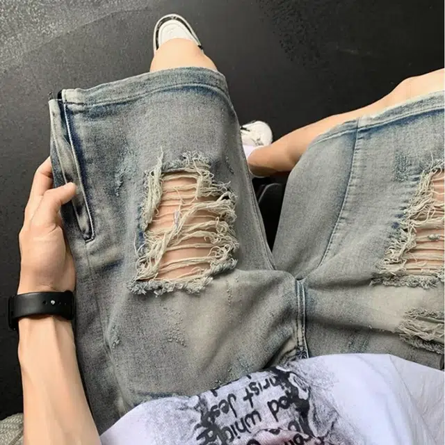 木木兔 美式拉链美式潮流百搭简约宽松直筒水洗五分裤牛仔短裤 男款