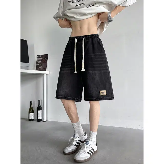 木木兔 男士夏季短裤美式潮流百搭男生裤子简约薄款天丝宽松直筒水洗五分裤夏天牛仔裤 男款