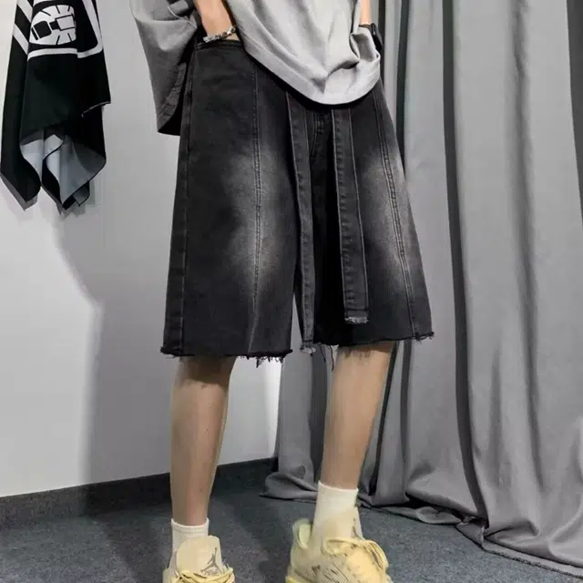 木木兔 潮牌痞帅美式潮流百搭裤子简约宽松直筒水洗五分裤牛仔短裤 男款
