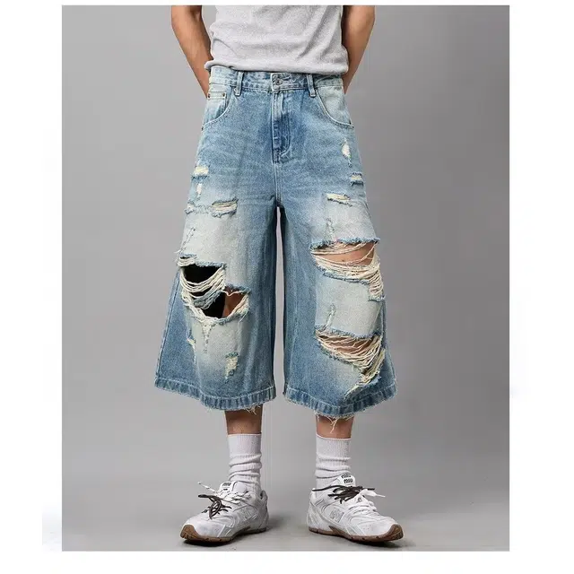 木木兔 美式潮流百搭简约工装高级感痞帅日系复古水洗破洞复古做旧水洗七分裤牛仔短裤 男款