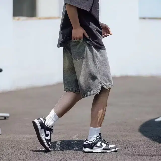 木木兔 男士夏季短裤美式潮流百搭男生裤子简约宽松直筒水洗五分裤夏天高街潮牌刺绣牛仔裤 男款