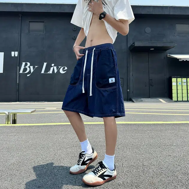 木木兔 男士夏季短裤美式潮流百搭男生裤子简约工装中裤宽松直筒水洗五分裤夏天牛仔裤 男款