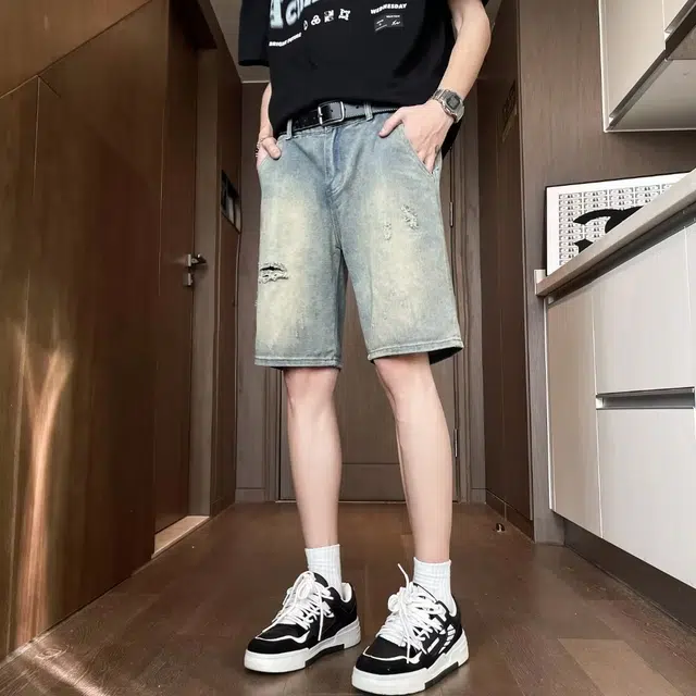 木木兔 休闲美式潮流破洞百搭裤子牛仔短裤 男款