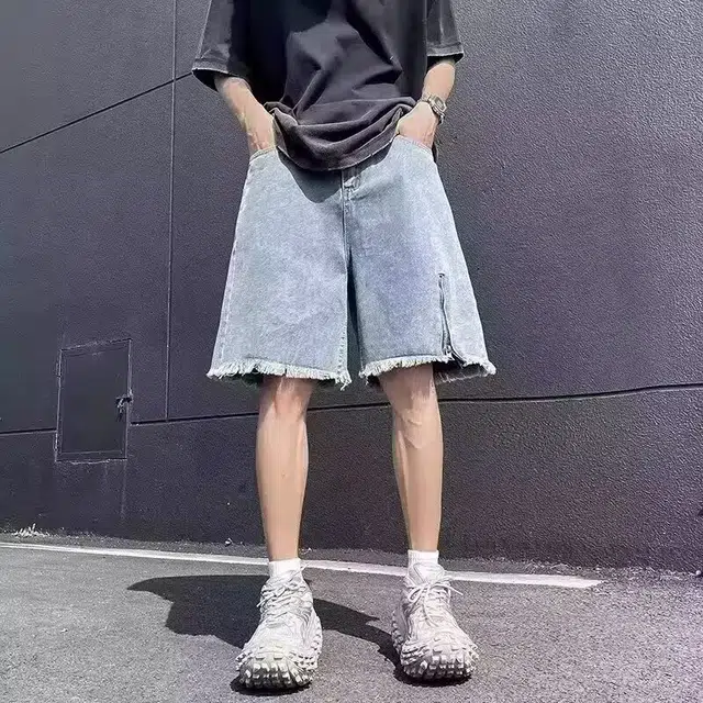 木木兔 休闲纯色美式潮流百搭裤子慵懒复古文艺破洞简约工装五分牛仔短裤 男款