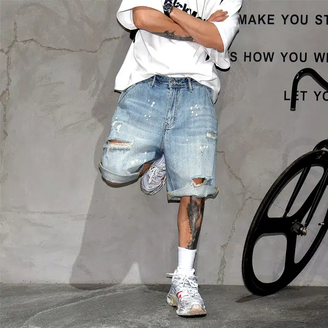 木木兔 休闲美式潮流百搭裤子简约工装宽松直筒五分裤中裤牛仔短裤 男款