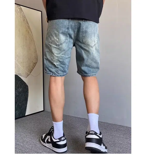 木木兔 休闲美式潮流百搭慵懒复古纯色痞帅水洗艺破洞简约五分牛仔短裤 男款