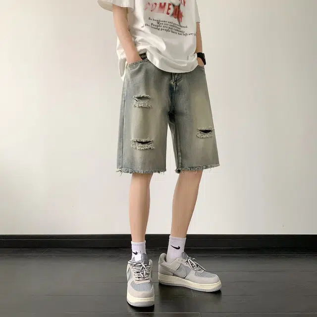 木木兔 休闲美式潮流百搭裤子简约纯色五分牛仔短裤 男款