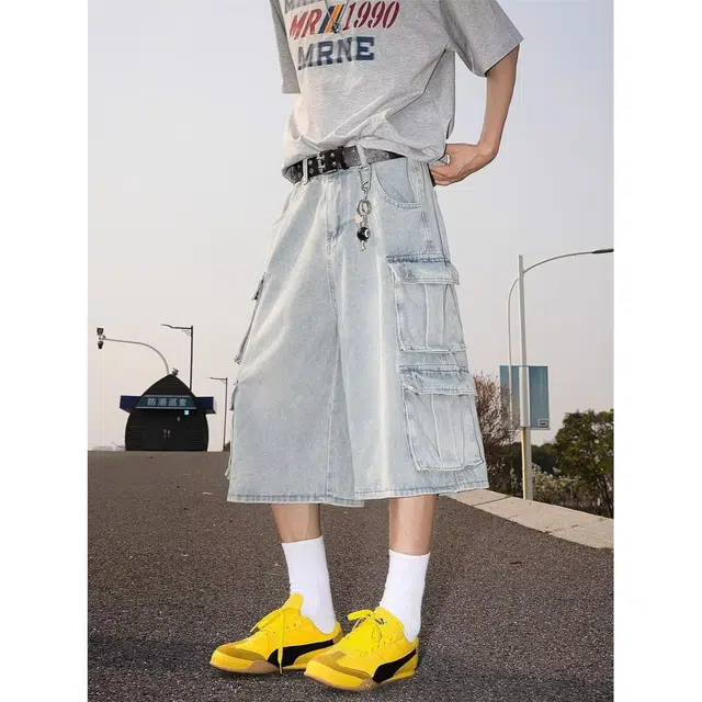 木木兔 美式潮流百搭慵懒复古文艺破洞简约口袋工装七分牛仔短裤 男款