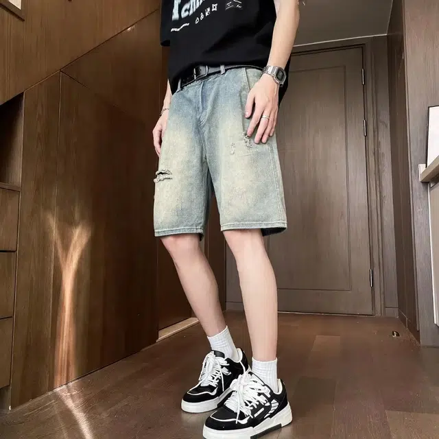 木木兔 休闲美式潮流破洞百搭裤子牛仔短裤 男款