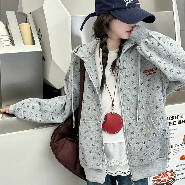 木木兔儿童上装 潮牌时髦洋气甜美中大童冬季童装外套女孩衣服上衣长袖小学生女生碎花连帽卫衣夹克