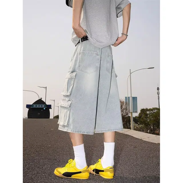 木木兔 美式潮流百搭慵懒复古文艺破洞简约口袋工装七分牛仔短裤 男款