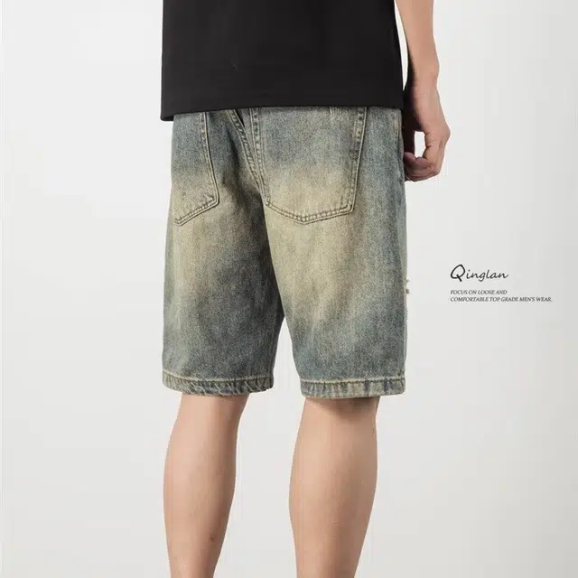 木木兔 休闲美式潮流百搭裤子简约工装宽松直筒五分裤牛仔短裤 男款