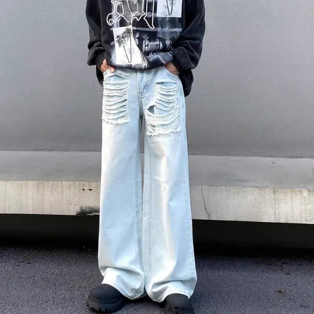 木木兔 美式重磅破洞阔腿夏季男士长裤百搭裤子简约潮流男生牛仔裤国潮穿搭夏天 男款