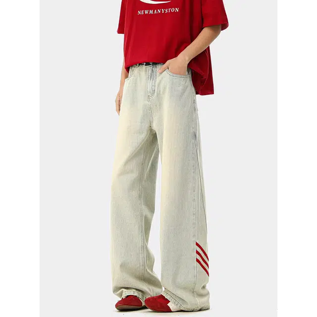 木木兔 裤子男款潮流百搭男裤秋季穿搭直筒男生轻奢推荐高街男士青少年复古阔腿裤条纹运动长裤牛仔裤 男女同款