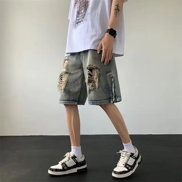 木木兔 美式拉链美式潮流百搭简约宽松直筒水洗五分裤牛仔短裤 男款