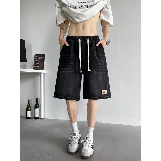 木木兔 男士夏季短裤美式潮流百搭男生裤子简约薄款天丝宽松直筒水洗五分裤夏天牛仔裤 男款