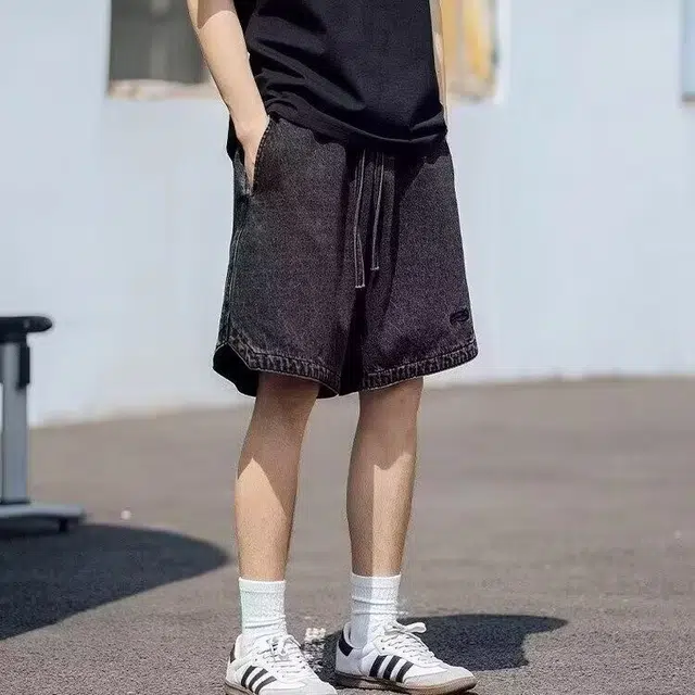 木木兔 男士夏季短裤美式潮流百搭男生裤子简约宽松直筒水洗五分裤夏天高街潮牌刺绣牛仔裤 男款