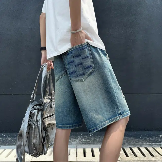 木木兔 男士夏季短裤美式潮流百搭男生裤子简约宽松设计感拼接直筒水洗五分裤夏天牛仔裤 男款