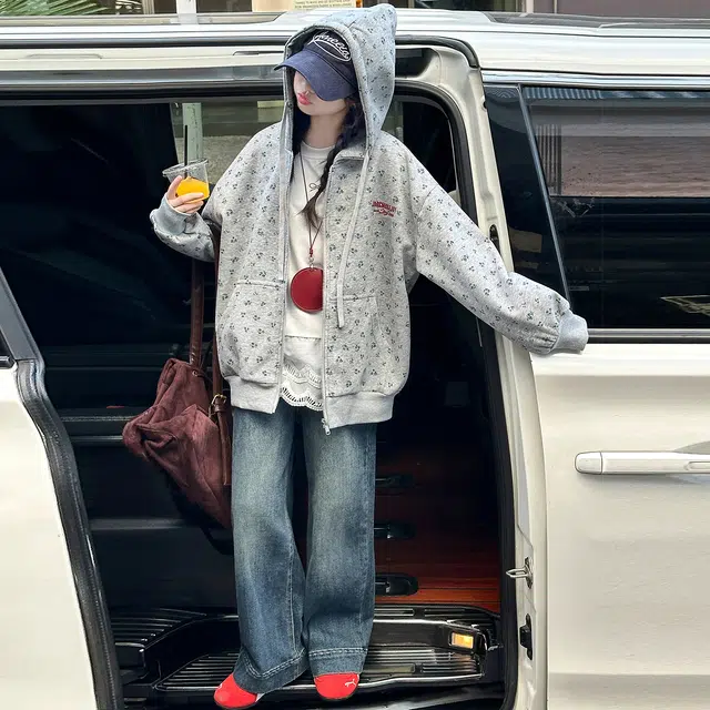 木木兔儿童上装 潮牌时髦洋气甜美中大童冬季童装外套女孩衣服上衣长袖小学生女生碎花连帽卫衣夹克