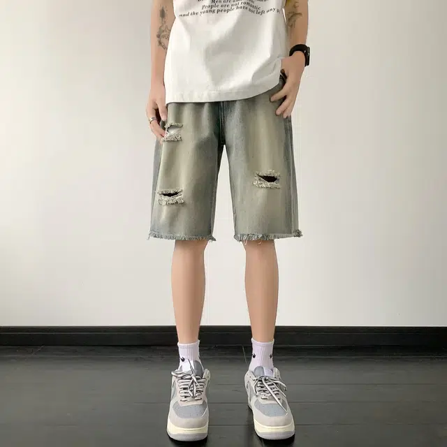 木木兔 休闲美式潮流百搭裤子简约纯色五分牛仔短裤 男款