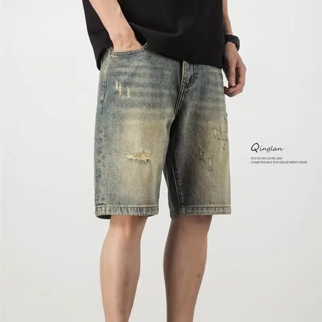 木木兔 休闲美式潮流百搭裤子简约工装宽松直筒五分裤牛仔短裤 男款