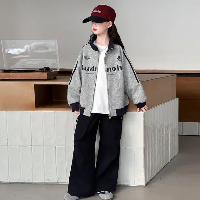 木木兔儿童上装 潮牌时髦洋气甜美中大童冬季童装外套女孩衣服上衣长袖小学生女生连帽卫衣夹克三条杠