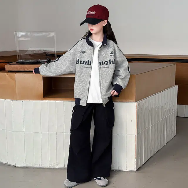 木木兔儿童上装 潮牌时髦洋气甜美中大童冬季童装外套女孩衣服上衣长袖小学生女生连帽卫衣夹克三条杠