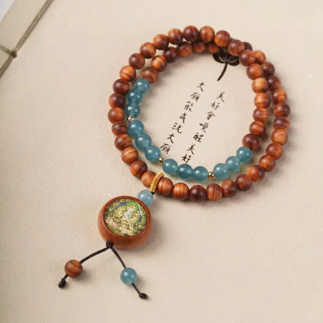 舞依翡 红油木作陈化双圈文玩珠串搭配檀木唐卡吊坠国潮文玩念珠手链#好运 崖柏 手串 女款