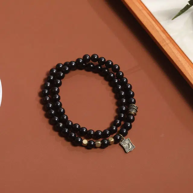 舞依翡 双圈手链搭配黄铜年年有余创意个性珠串新中式国风 黑檀 手串 女款