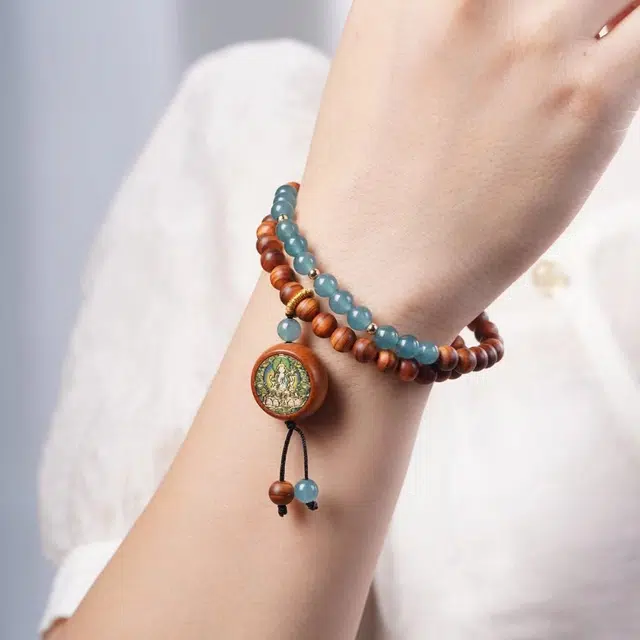 舞依翡 红油木作陈化双圈文玩珠串搭配檀木唐卡吊坠国潮文玩念珠手链#好运 崖柏 手串 女款