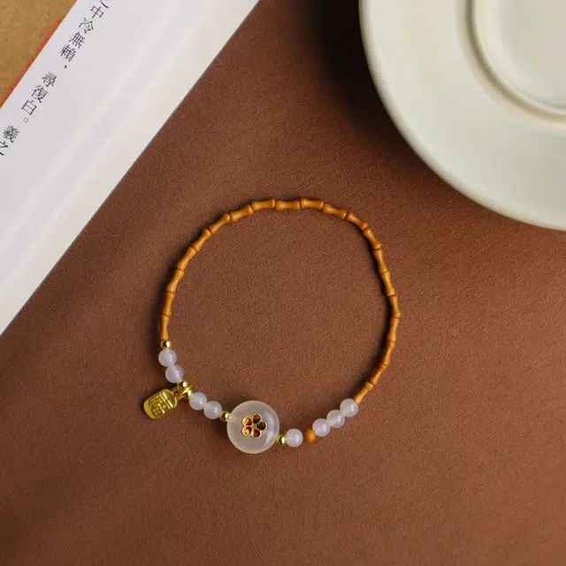 舞依翡 文玩珠串精品木作手链菩提核竹节搭配白玛瑙平安扣节节高上岸文艺#好运 橄榄核 手串 女款